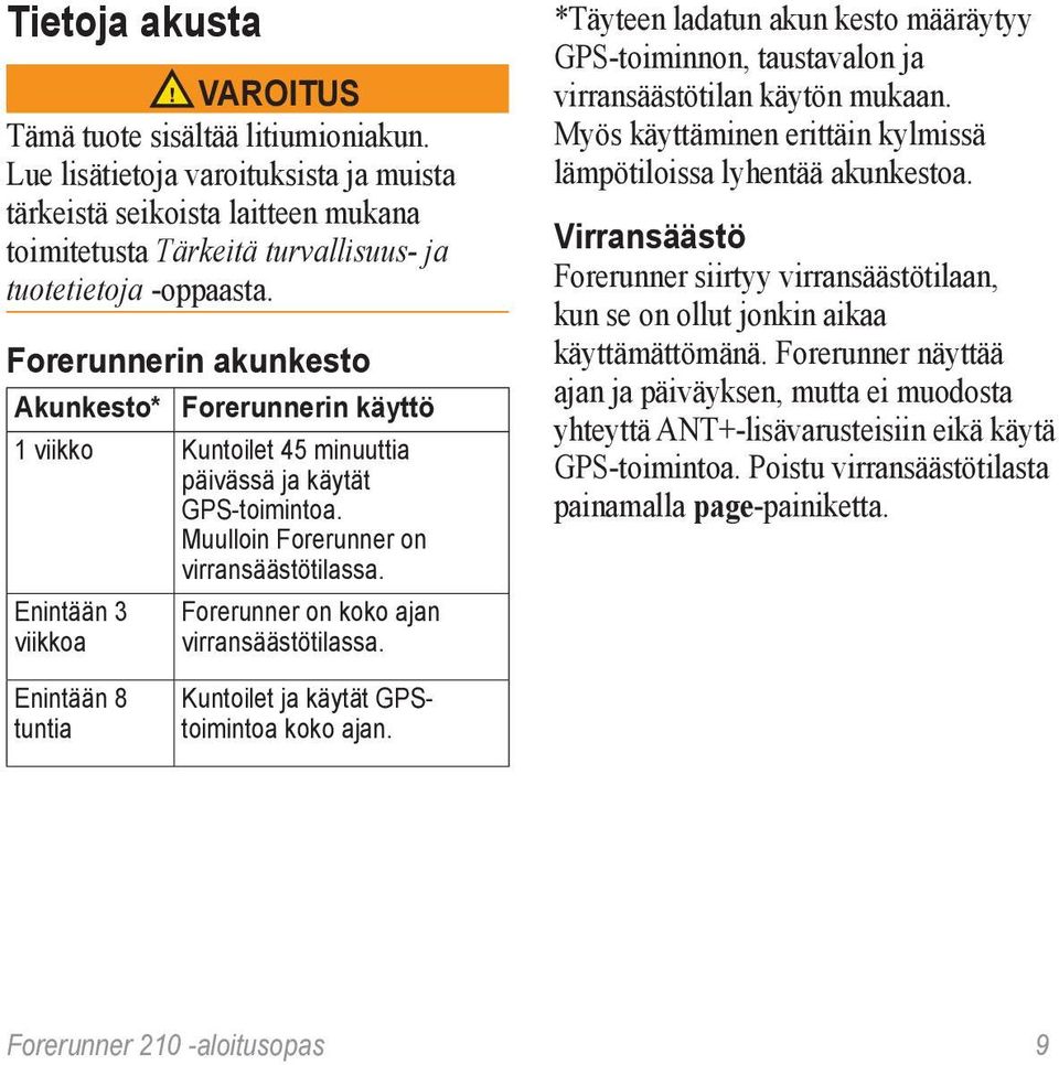 Enintään 3 viikkoa Forerunner on koko ajan virransäästötilassa. *Täyteen ladatun akun kesto määräytyy GPS-toiminnon, taustavalon ja virransäästötilan käytön mukaan.