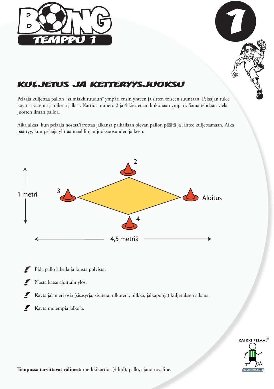 Aika alkaa, kun pelaaja nostaa/irrottaa jalkansa paikallaan olevan pallon päältä ja lähtee kuljettamaan. Aika päättyy, kun pelaaja ylittää maalilinjan juoksuosuuden jälkeen.