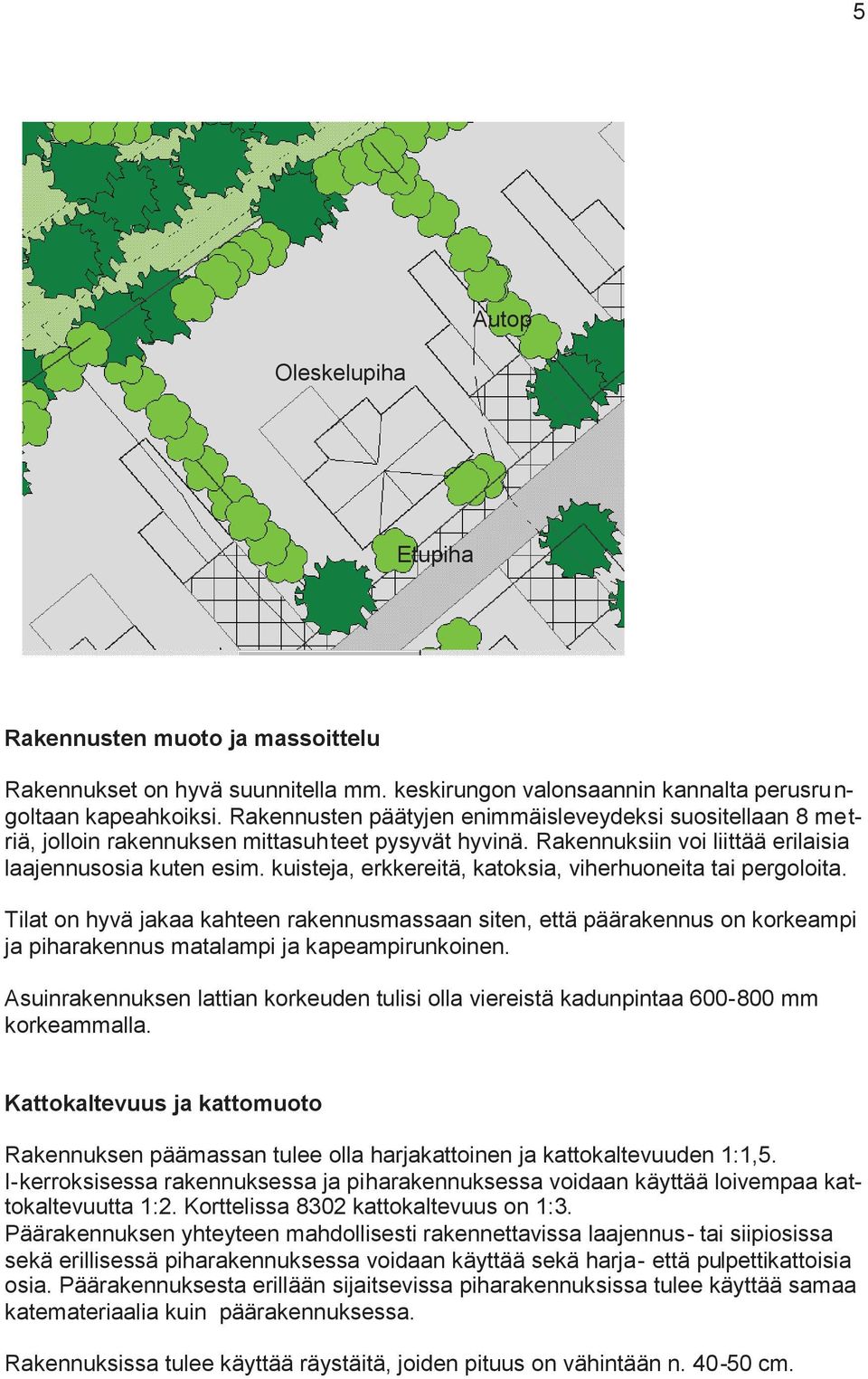 kuisteja, erkkereitä, katoksia, viherhuoneita tai pergoloita. Tilat on hyvä jakaa kahteen rakennusmassaan siten, että päärakennus on korkeampi ja piharakennus matalampi ja kapeampirunkoinen.