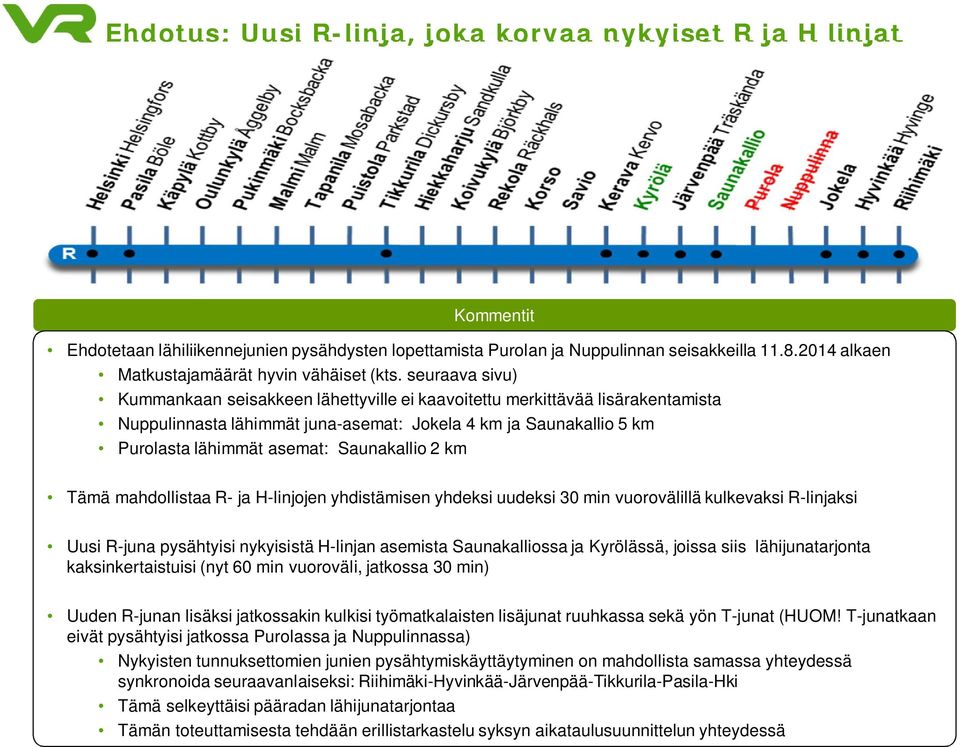 seuraava sivu) Kummankaan seisakkeen lähettyville ei kaavoitettu merkittävää lisärakentamista Nuppulinnasta lähimmät juna-asemat: Jokela 4 km ja Saunakallio 5 km Purolasta lähimmät asemat: