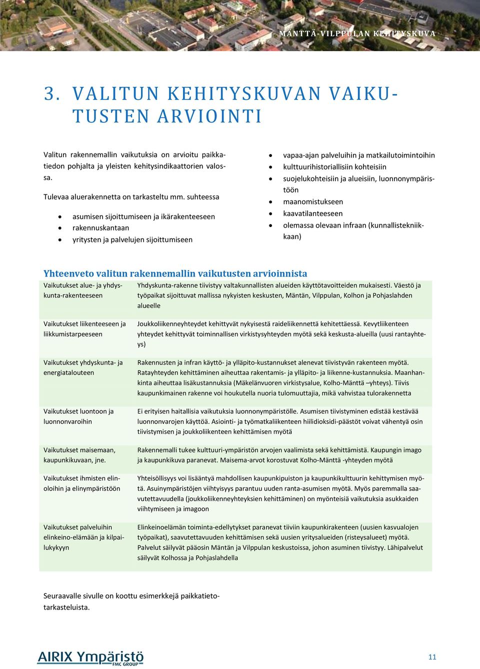 suojelukohteisiin ja alueisiin, luonnonympäristöön maanomistukseen kaavatilanteeseen olemassa olevaan infraan (kunnallistekniikkaan) Yhteenveto valitun rakennemallin vaikutusten arvioinnista