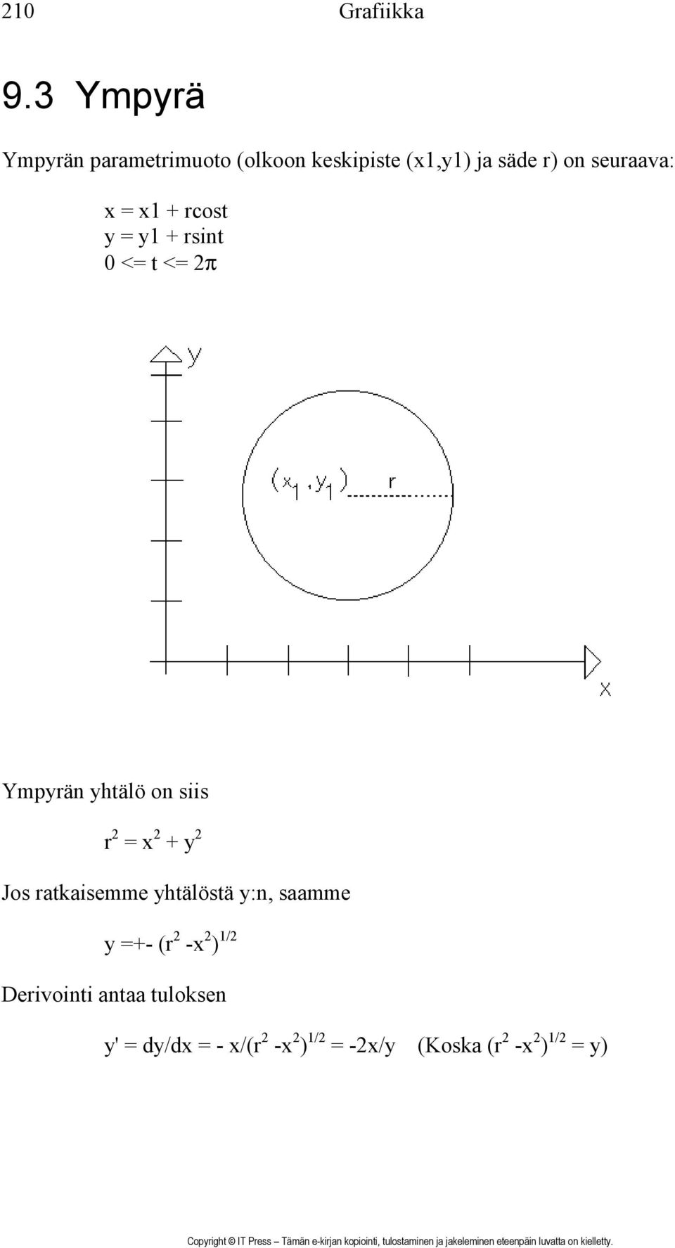 x = x1 + rcost y = y1 + rsint 0 <= t <= 2π Ympyrän yhtälö on siis r 2 = x 2 + y 2