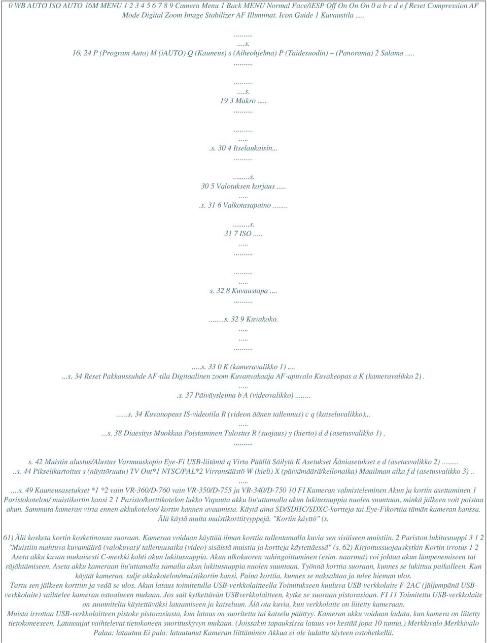 s. 31 6 Valkotasapaino......s. 31 7 ISO s. 32 8 Kuvaustapa......s. 32 9 Kuvakoko. s. 33 0 K (kameravalikko 1)......s. 34 Reset Pakkaussuhde AF-tila Digitaalinen zoom Kuvanvakaaja AF-apuvalo Kuvakeopas a K (kameravalikko 2).