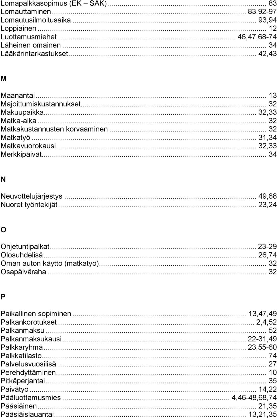 .. 49,68 Nuoret työntekijät... 23,24 O Ohjetuntipalkat... 23-29 Olosuhdelisä... 26,74 Oman auton käyttö (matkatyö)... 32 Osapäiväraha... 32 P Paikallinen sopiminen... 13,47,49 Palkankorotukset.