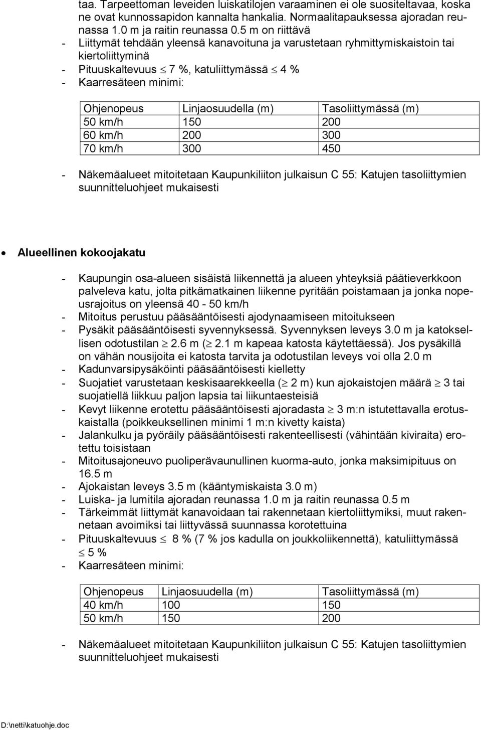 Linjaosuudella (m) Tasoliittymässä (m) 50 km/h 150 200 60 km/h 200 300 70 km/h 300 450 - Näkemäalueet mitoitetaan Kaupunkiliiton julkaisun C 55: Katujen tasoliittymien suunnitteluohjeet mukaisesti