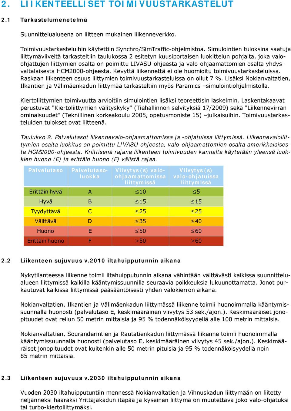 valo-ohjaamattomien osalta yhdysvaltalaisesta HCM2000-ohjeesta. Kevyttä liikennettä ei ole huomioitu toimivuustarkasteluissa. Raskaan liikenteen osuus liittymien toimivuustarkasteluissa on ollut 7 %.