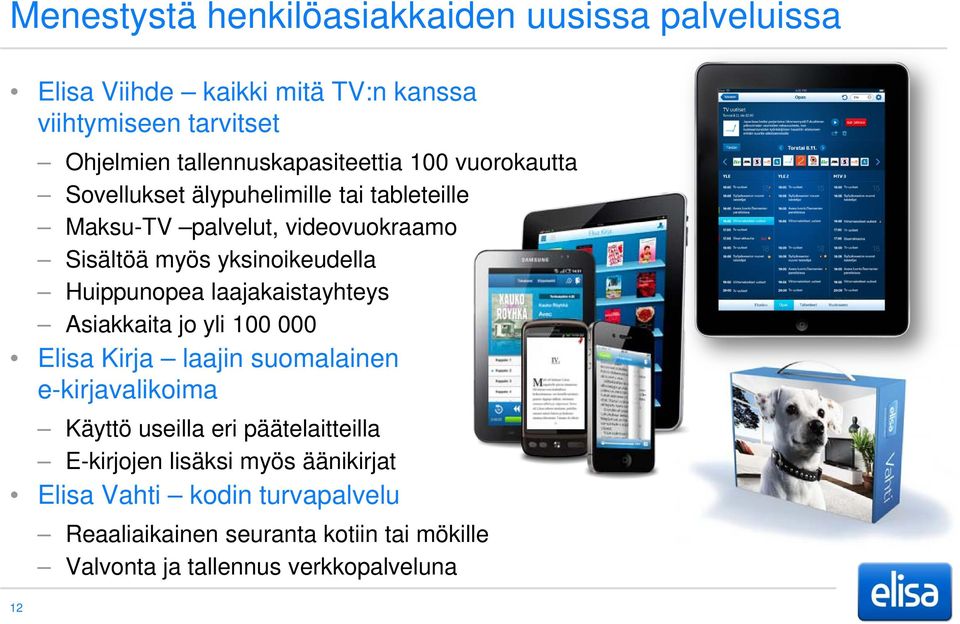 yksinoikeudella Huippunopea laajakaistayhteys Asiakkaita jo yli 100 000 Elisa Kirja laajin suomalainen e-kirjavalikoima Käyttö useilla eri