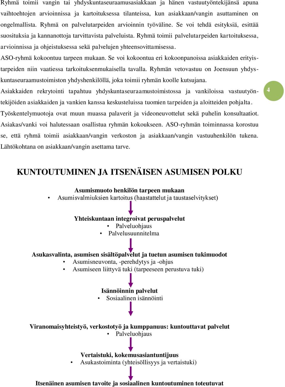 Ryhmä toimii palvelutarpeiden kartoituksessa, arvioinnissa ja ohjeistuksessa sekä palvelujen yhteensovittamisessa. ASO-ryhmä kokoontuu tarpeen mukaan.