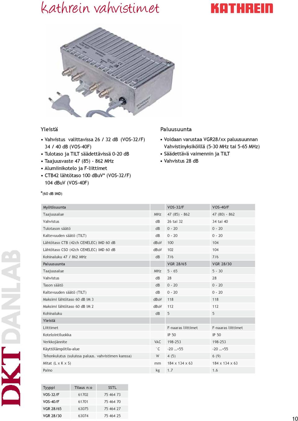 *(60 db IMD) Myötösuunta VOS-32/F VOS-40/F Taajuusalue MHz 47 (85) - 862 47 (80) - 862 Vahvistus db 26 tai 32 34 tai 40 Tulotason säätö db 0-20 0-20 Kaltevuuden säätö (TILT) db 0-20 0-20 Lähtötaso