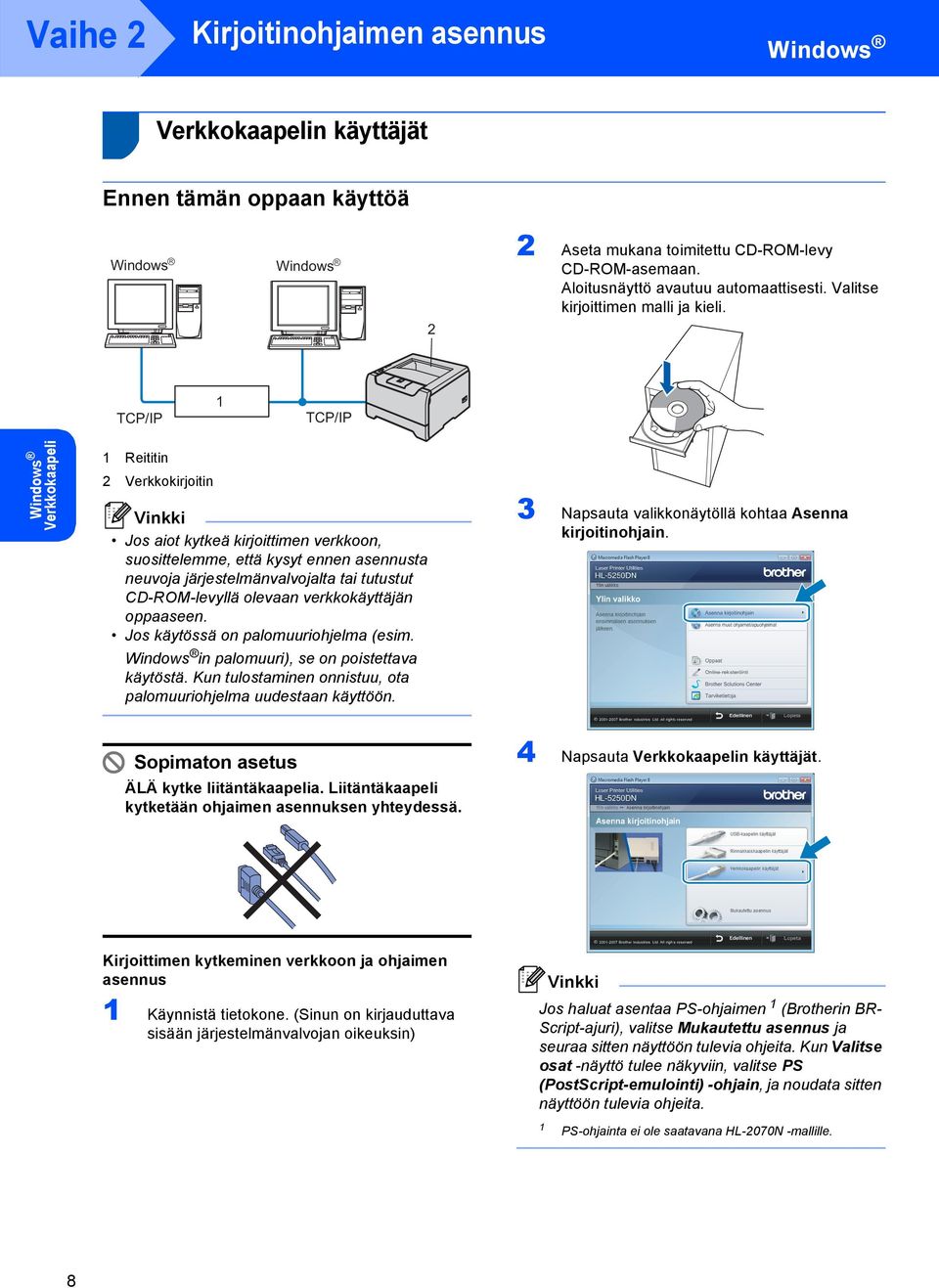 TCP/IP TCP/IP Verkkokaapeli Reititin 2 Verkkokirjoitin Jos aiot kytkeä kirjoittimen verkkoon, suosittelemme, että kysyt ennen asennusta neuvoja järjestelmänvalvojalta tai tutustut CD-ROM-levyllä