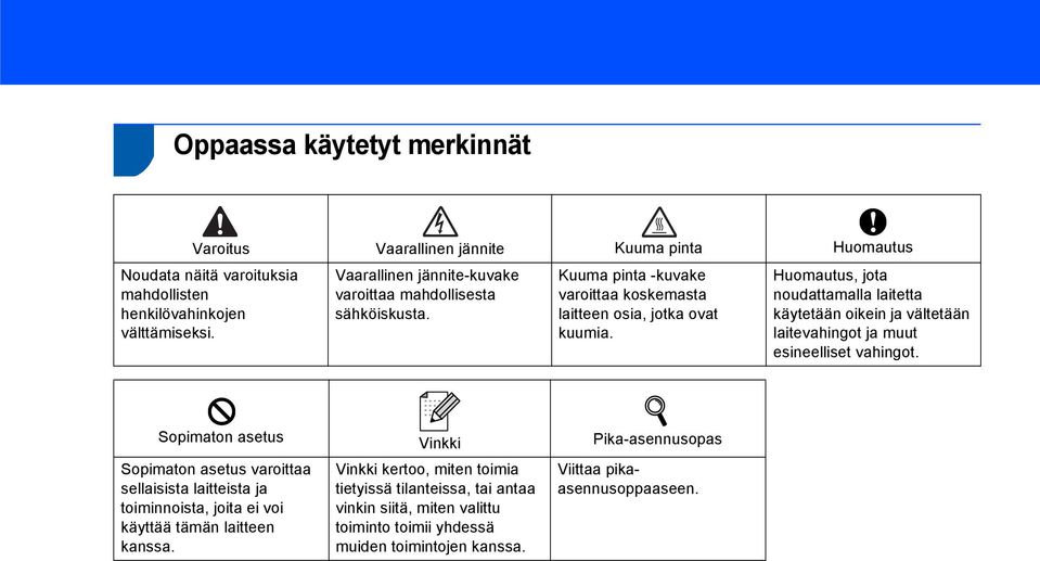 Huomautus, jota noudattamalla laitetta käytetään oikein ja vältetään laitevahingot ja muut esineelliset vahingot.