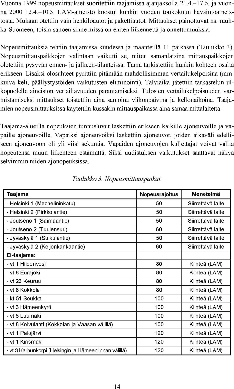 Nopeusmittauksia tehtiin taajamissa kuudessa ja maanteillä 11 paikassa (Taulukko 3).