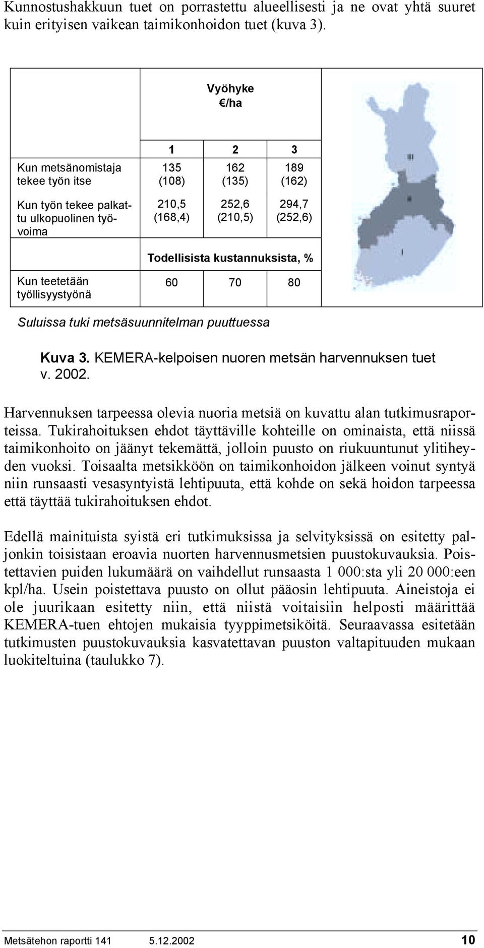 Kun teetetään työllisyystyönä 60 70 80 Suluissa tuki metsäsuunnitelman puuttuessa Kuva 3. KEMERA-kelpoisen nuoren metsän harvennuksen tuet v. 2002.