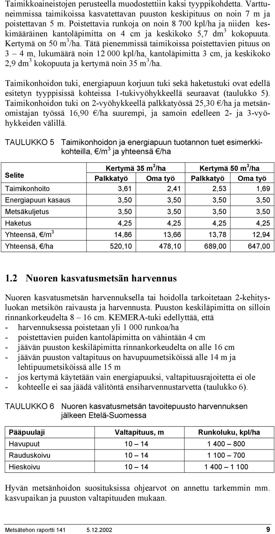 Tätä pienemmissä taimikoissa poistettavien pituus on 3 4 m, lukumäärä noin 12 000 kpl/ha, kantoläpimitta 3 cm, ja keskikoko 2,9 dm 3 kokopuuta ja kertymä noin 35 m 3 /ha.