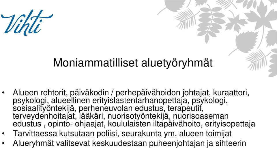 terveydenhoitajat, lääkäri, nuorisotyöntekijä, nuorisoaseman edustus, opinto- ohjaajat, koululaisten iltapäivähoito,