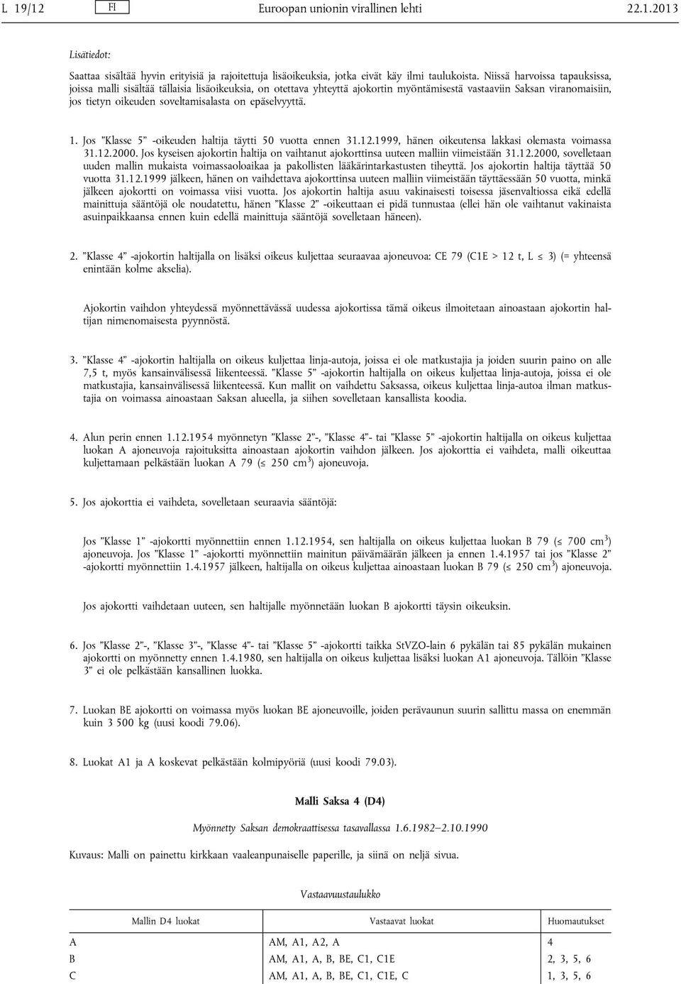 epäselvyyttä. 1. Jos Klasse 5 -oikeuden haltija täytti 50 vuotta ennen 31.12.1999, hänen oikeutensa lakkasi olemasta voimassa 31.12.2000.