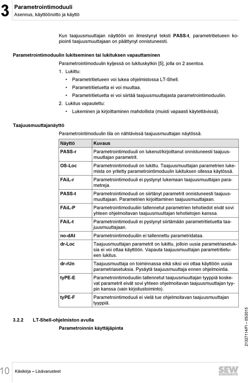 Parametritietuetta ei voi muuttaa. Parametritietuetta ei voi siirtää taajuusmuuttajasta parametrointimoduuliin. 2.