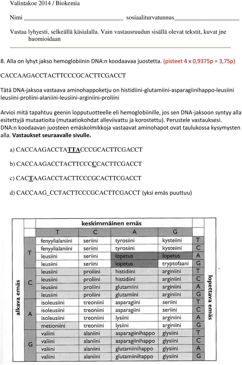 leusiini-proliini-alaniini-leusiini-arginiini-proliini Arvioi mitä tapahtuu geenin lopputuotteelle eli hemoglobiinille, jos sen DNA-jaksoon syntyy alla esitettyjä mutaatioita