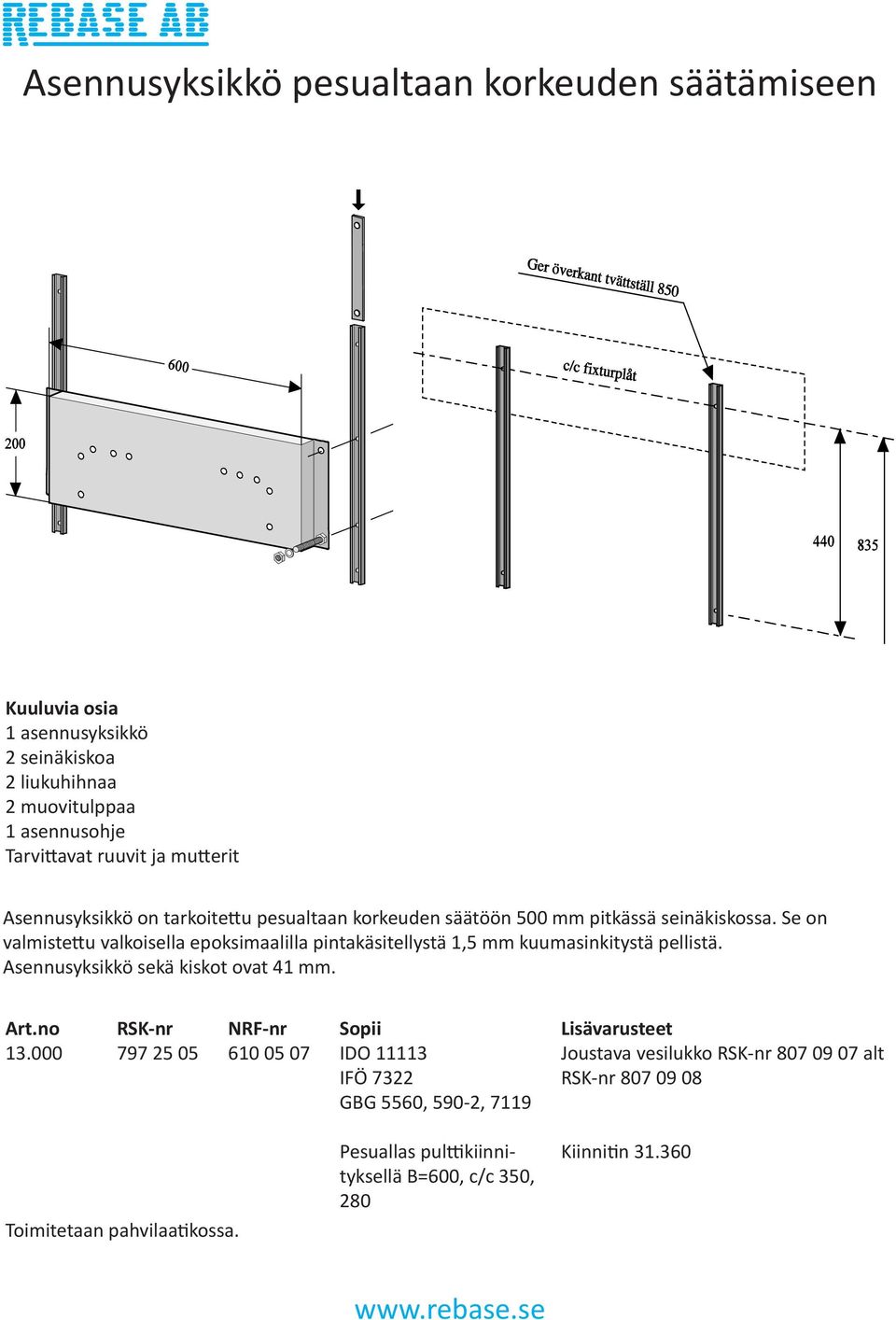 Se on valmistettu valkoisella epoksimaalilla pintakäsitellystä 1,5 mm kuumasinkitystä pellistä. Asennusyksikkö sekä kiskot ovat 41 mm. 13.