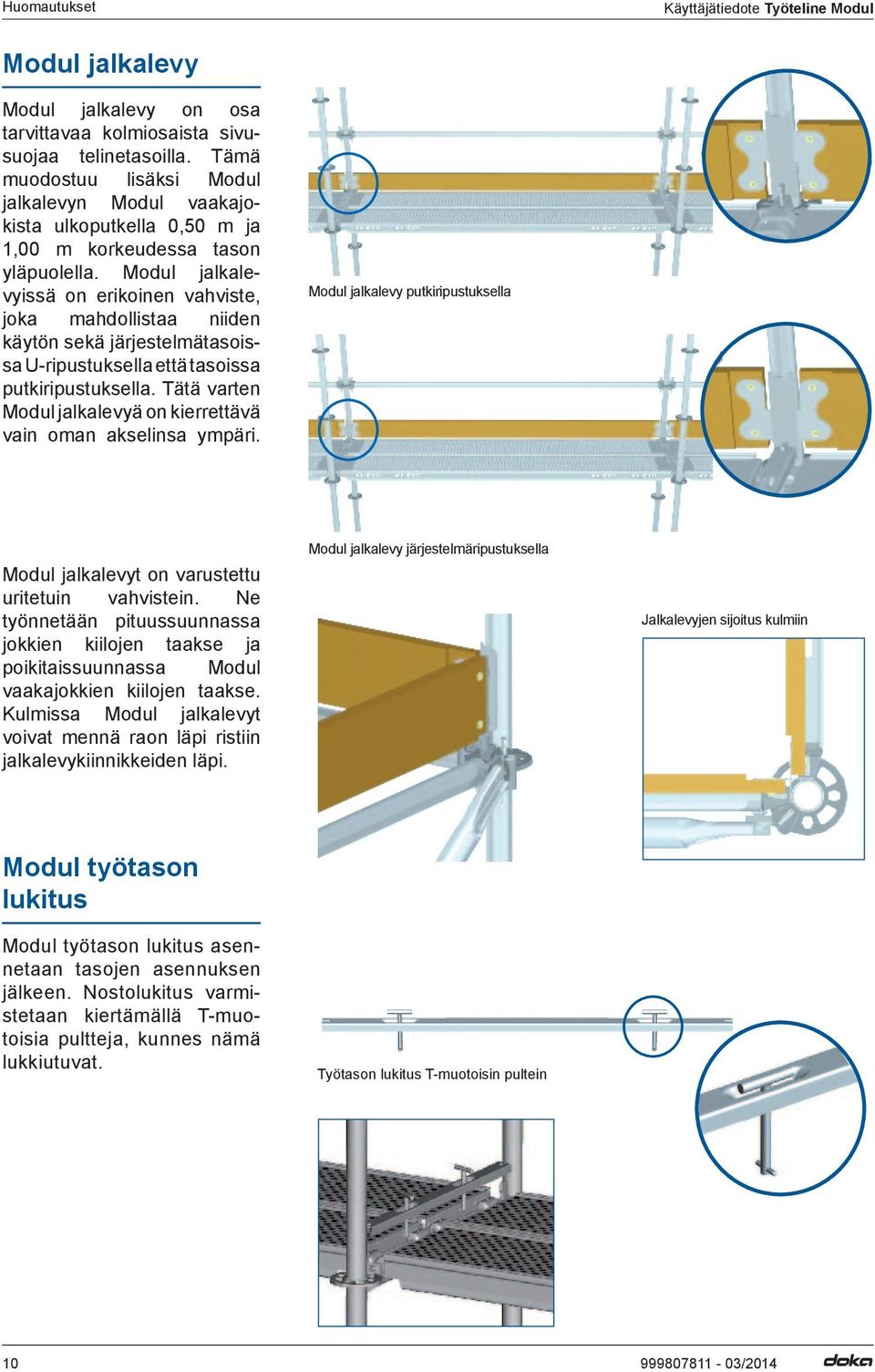 Modul jalkalevyissä on erikoinen vahviste, joka mahdollistaa niiden käytön sekä järjestelmätasoissa U-ripustuksella että tasoissa putkiripustuksella.