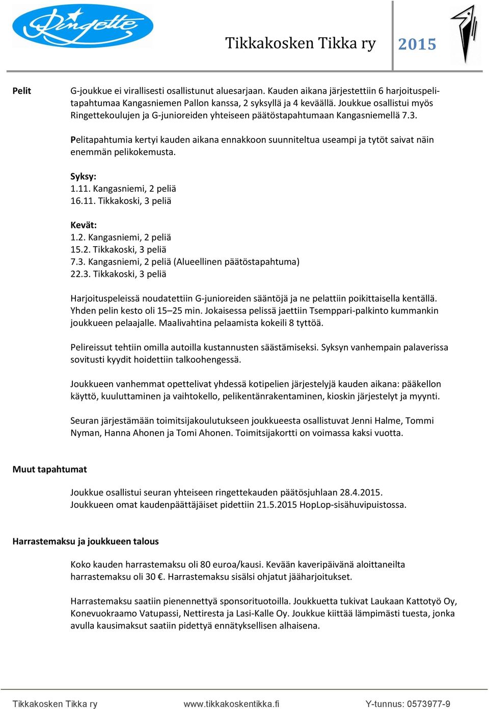 Pelitapahtumia kertyi kauden aikana ennakkoon suunniteltua useampi ja tytöt saivat näin enemmän pelikokemusta. Syksy: 1.11. Kangasniemi, 2 peliä 16.11. Tikkakoski, 3 peliä Kevät: 1.2. Kangasniemi, 2 peliä 15.