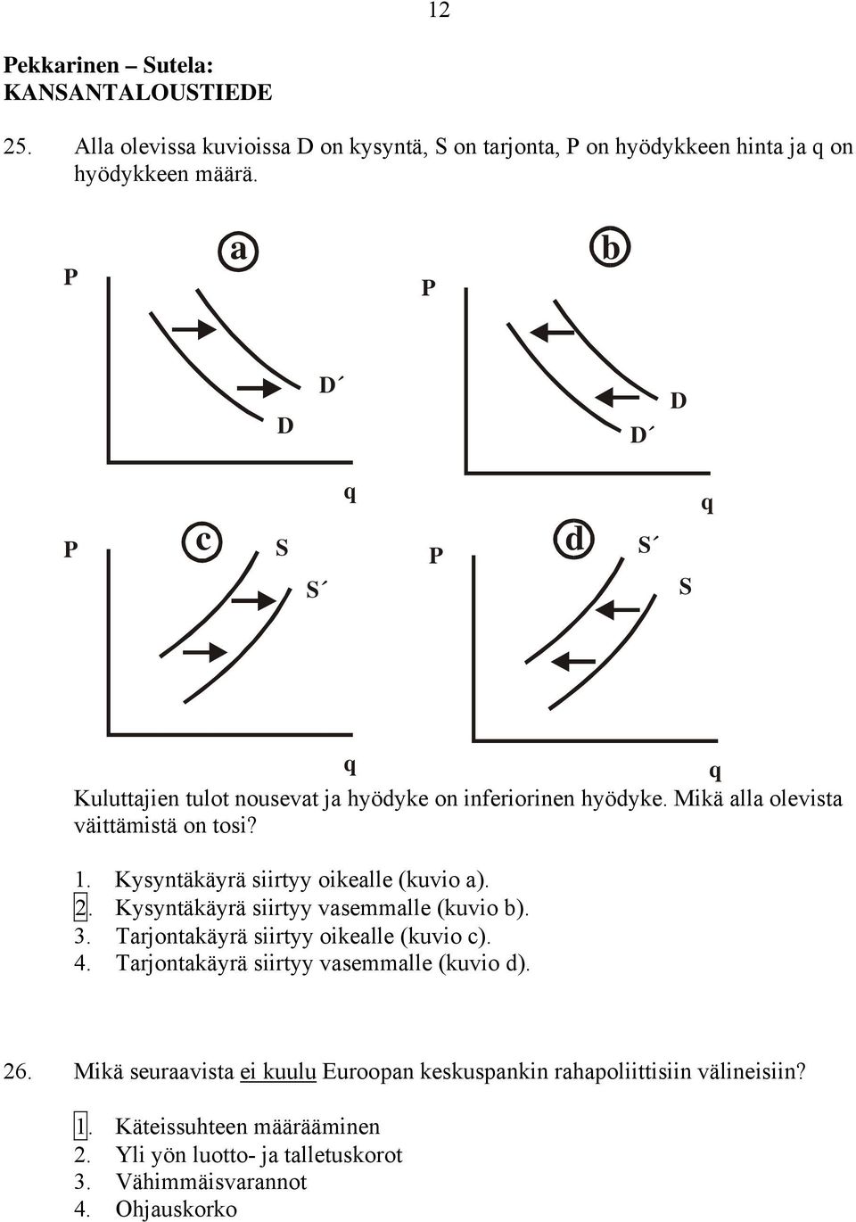 Kysyntäkäyrä siirtyy oikealle (kuvio a). 2. Kysyntäkäyrä siirtyy vasemmalle (kuvio b). 3. Tarjontakäyrä siirtyy oikealle (kuvio c). 4.