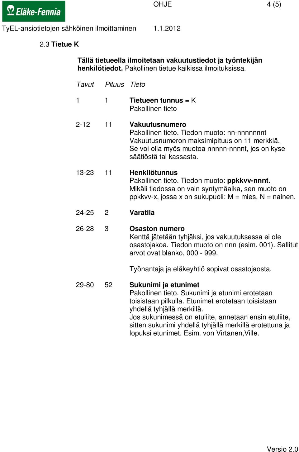 Se voi olla myös muotoa nnnnn-nnnnt, jos on kyse säätiöstä tai kassasta. 13-23 11 Henkilötunnus Tiedon muoto: ppkkvv-nnnt.