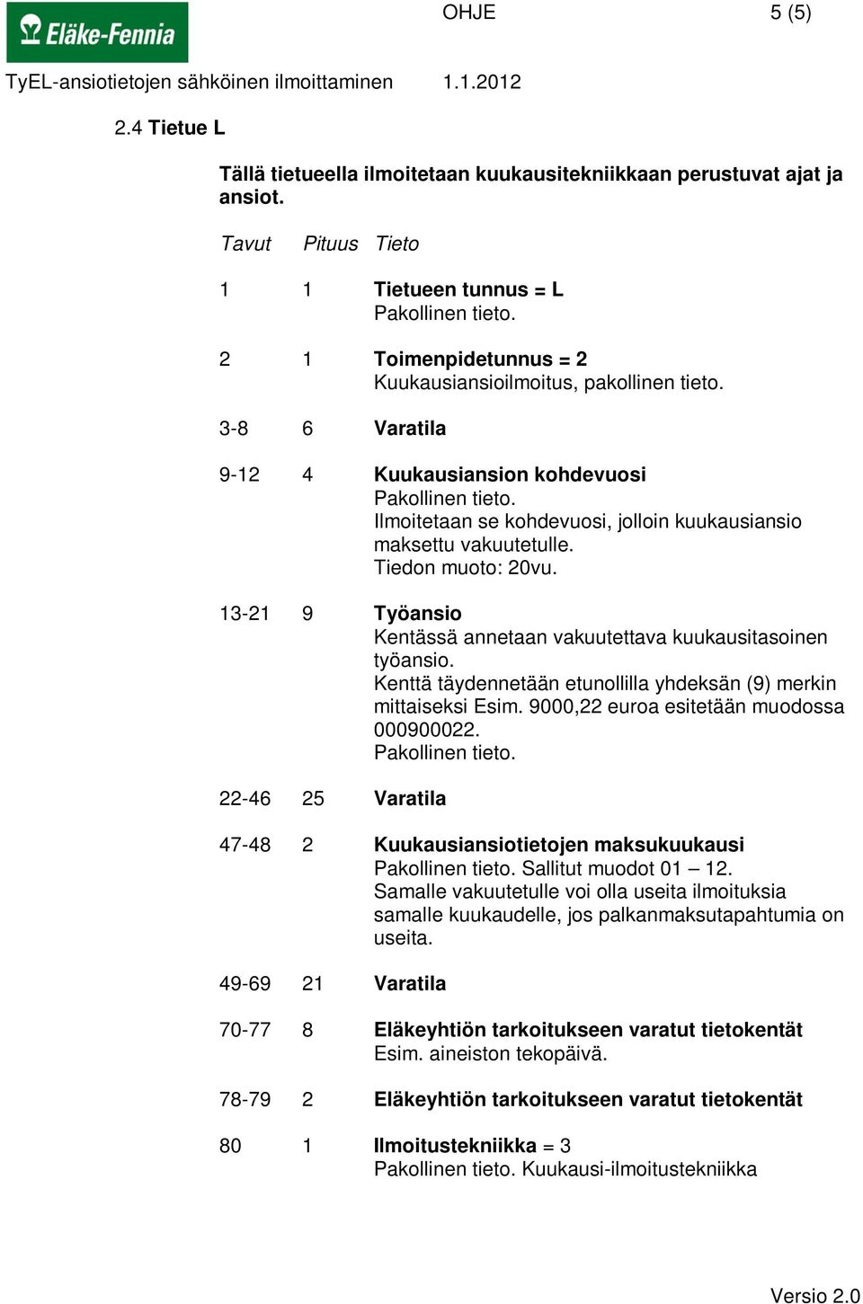 3-8 6 Varatila 9-12 4 Kuukausiansion kohdevuosi Ilmoitetaan se kohdevuosi, jolloin kuukausiansio maksettu vakuutetulle. Tiedon muoto: 20vu.