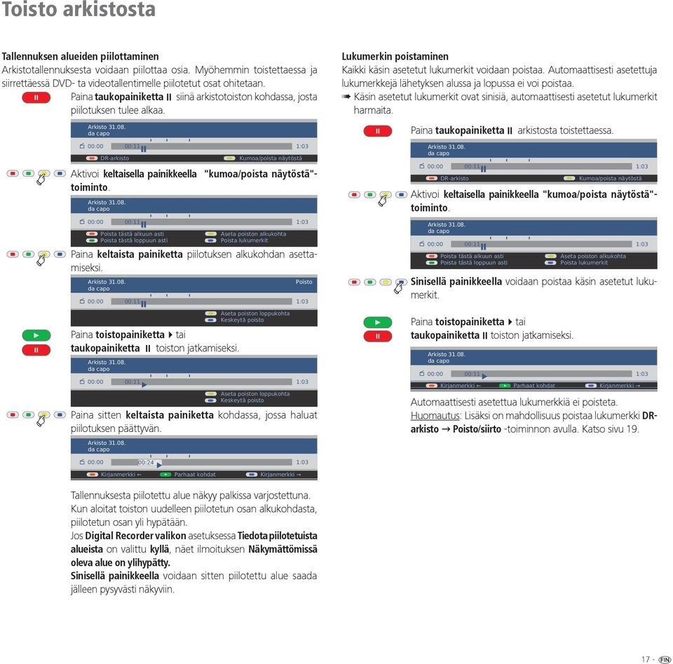 Paina keltaista painiketta piilotuksen alkukohdan asettamiseksi. Paina toistopainiketta4tai taukopainiketta ; toiston jatkamiseksi.