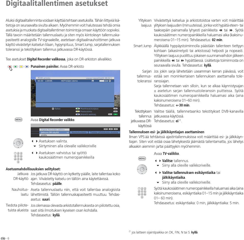Tällä tavoin määritetään tallennuslaatu ja siten myös kiintolevyn tallennuskapasiteetti analogisille TV-signaaleille, asetetaan digitaalinauhoittimen jatkuva käyttö viivästetyn katselun tilaan,