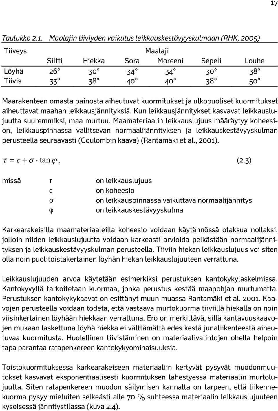 Maamateriaalin leikkauslujuus määräytyy koheesion, leikkauspinnassa vallitsevan normaalijännityksen ja leikkauskestävyyskulman perusteella seuraavasti (Coulombin kaava) (Rantamäki et al., 2001).