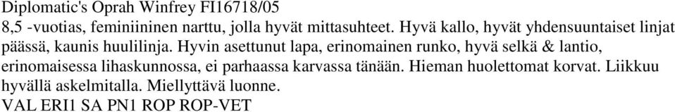 Hyvin asettunut lapa, erinomainen runko, hyvä selkä & lantio, erinomaisessa lihaskunnossa, ei