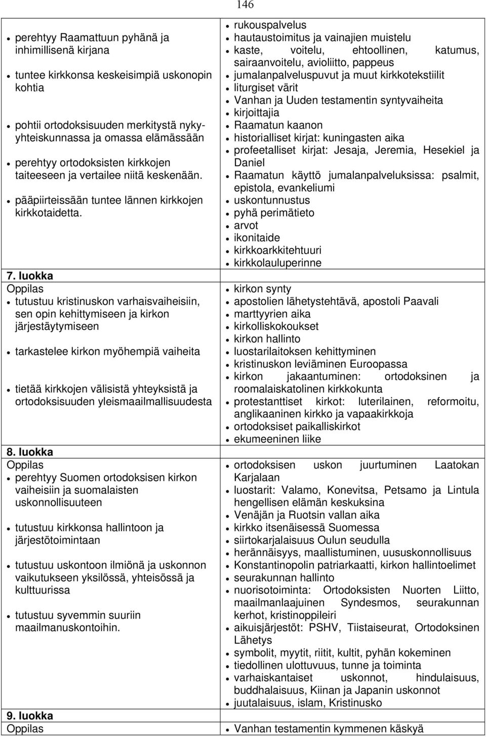 luokka tutustuu kristinuskon varhaisvaiheisiin, sen opin kehittymiseen ja kirkon järjestäytymiseen tarkastelee kirkon myöhempiä vaiheita tietää kirkkojen välisistä yhteyksistä ja ortodoksisuuden
