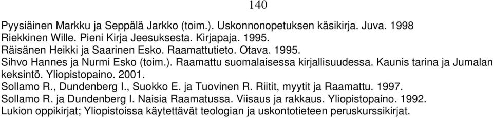 Kaunis tarina ja Jumalan keksintö. Yliopistopaino. 2001. Sollamo R., Dundenberg I., Suokko E. ja Tuovinen R. Riitit, myytit ja Raamattu. 1997. Sollamo R. ja Dundenberg I.