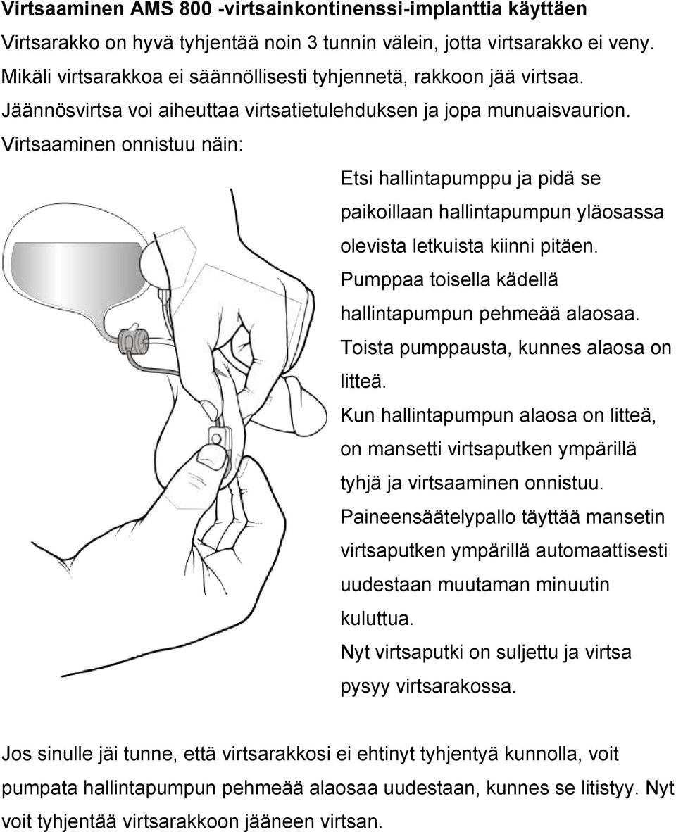 Virtsaaminen onnistuu näin: Etsi hallintapumppu ja pidä se paikoillaan hallintapumpun yläosassa olevista letkuista kiinni pitäen. Pumppaa toisella kädellä hallintapumpun pehmeää alaosaa.