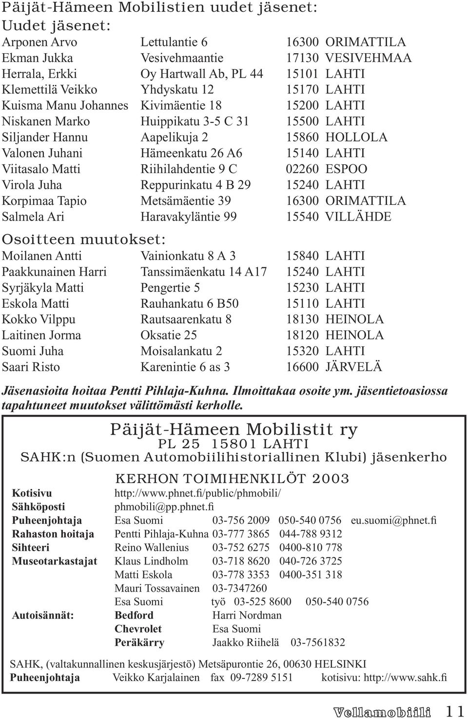 Hämeenkatu 26 A6 15140 LAHTI Viitasalo Matti Riihilahdentie 9 C 02260 ESPOO Virola Juha Reppurinkatu 4 B 29 15240 LAHTI Korpimaa Tapio Metsämäentie 39 16300 ORIMATTILA Salmela Ari Haravakyläntie 99