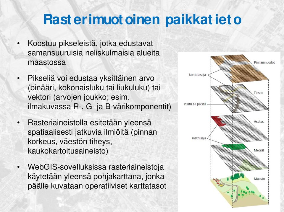 ilmakuvassa R-, G- ja B-värikomponentit) Rasteriaineistolla esitetään yleensä spatiaalisesti jatkuvia ilmiöitä (pinnan korkeus,