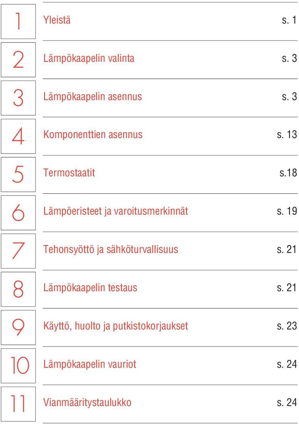 18 Lämpöeristeet ja varoitusmerkinnät s. 19 Tehonsyöttö ja sähköturvallisuus s.