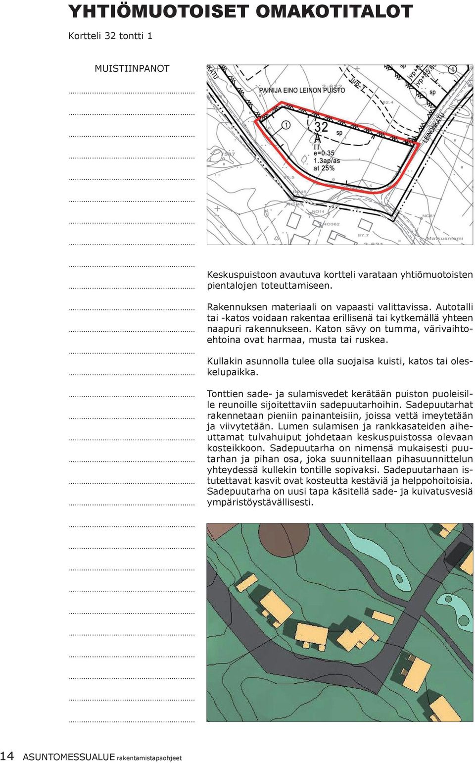 Kullakin asunnolla tulee olla suojaisa kuisti, katos tai oleskelupaikka. Tonttien sade- ja sulamisvedet kerätään puiston puoleisille reunoille sijoitettaviin sadepuutarhoihin.