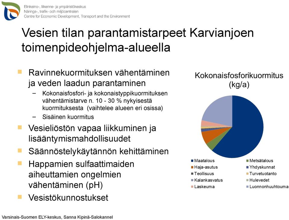 10-30 % nykyisestä kuormituksesta (vaihtelee alueen eri osissa) Sisäinen kuormitus Vesieliöstön vapaa liikkuminen