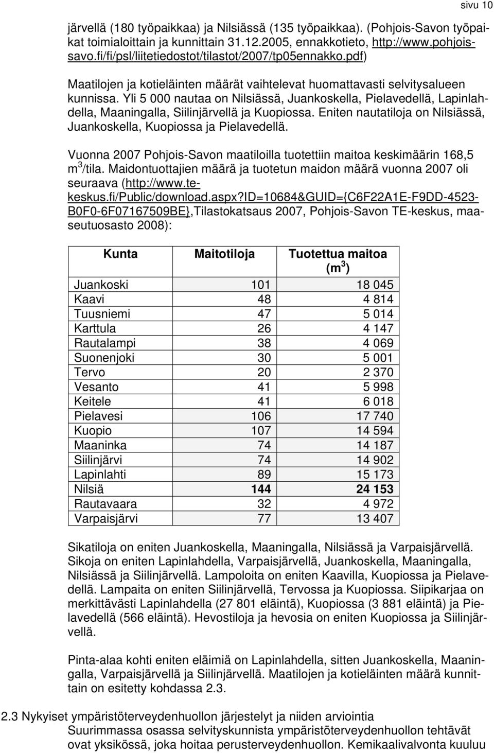 Yli 5 000 nautaa on Nilsiässä, Juankoskella, Pielavedellä, Lapinlahdella, Maaningalla, Siilinjärvellä ja Kuopiossa. Eniten nautatiloja on Nilsiässä, Juankoskella, Kuopiossa ja Pielavedellä.