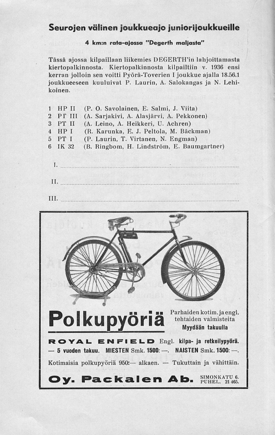 Savolainen, E. Salmi, J. iita) 2 PT 111 (A. Sarjakivi, A. Alasjärvi, A. Pekkonen) 3 PT II (A. Leino, A. Heikkeri, U. Achren) 4 HP I (R. Karunka, E. J. Peltola, M. Bäckman) 5 PT I (P. Laurin, T.