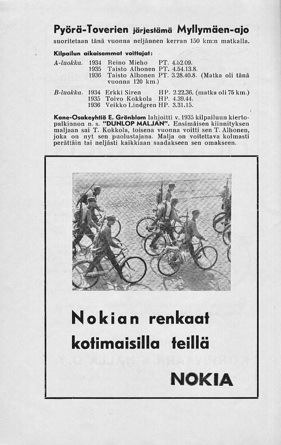 4.39.44. 1936 eikko Lindgren HP. 3.31.15. Kone-Osakeyhtiö E. Grönblom lahjoitti v. 1935 kilpailuun kiertopalkinnon n. s. "DUNLOP MALJAN". Ensimäisen kiinnityksen maljaan sai T.