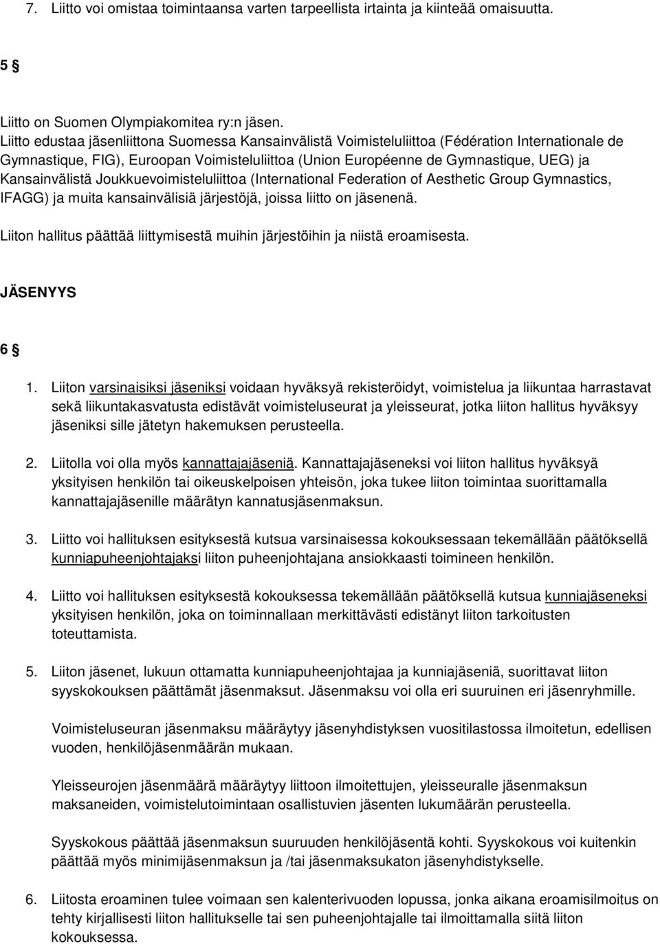 Kansainvälistä Joukkuevoimisteluliittoa (International Federation of Aesthetic Group Gymnastics, IFAGG) ja muita kansainvälisiä järjestöjä, joissa liitto on jäsenenä.