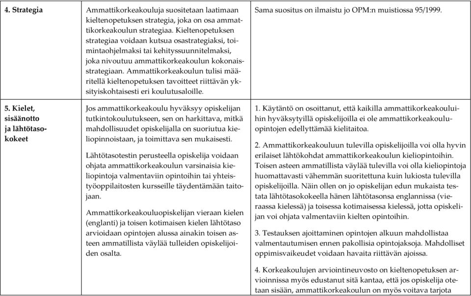 Ammattikorkeakoulun tulisi määritellä kieltenopetuksen tavoitteet riittävän yksityiskohtaisesti eri koulutusaloille. Sama suositus on ilmaistu jo OPM:n muistiossa 95/1999. 5.