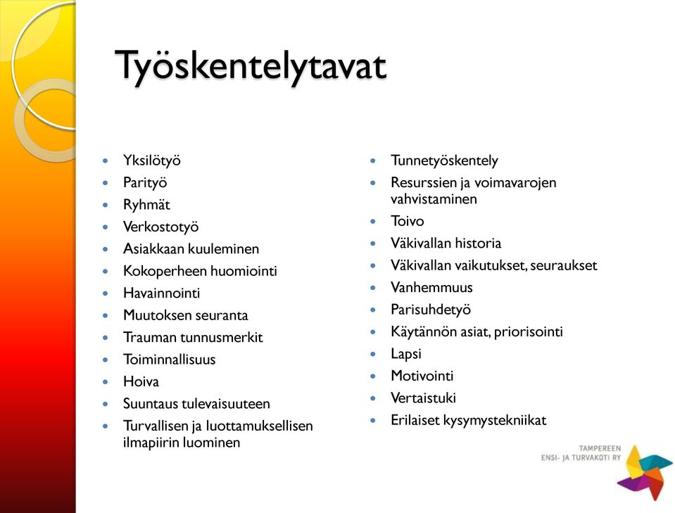 ilmapiirin luominen Tunnetyöskentely Resurssien ja voimavarojen vahvistaminen Toivo Väkivallan historia Väkivallan