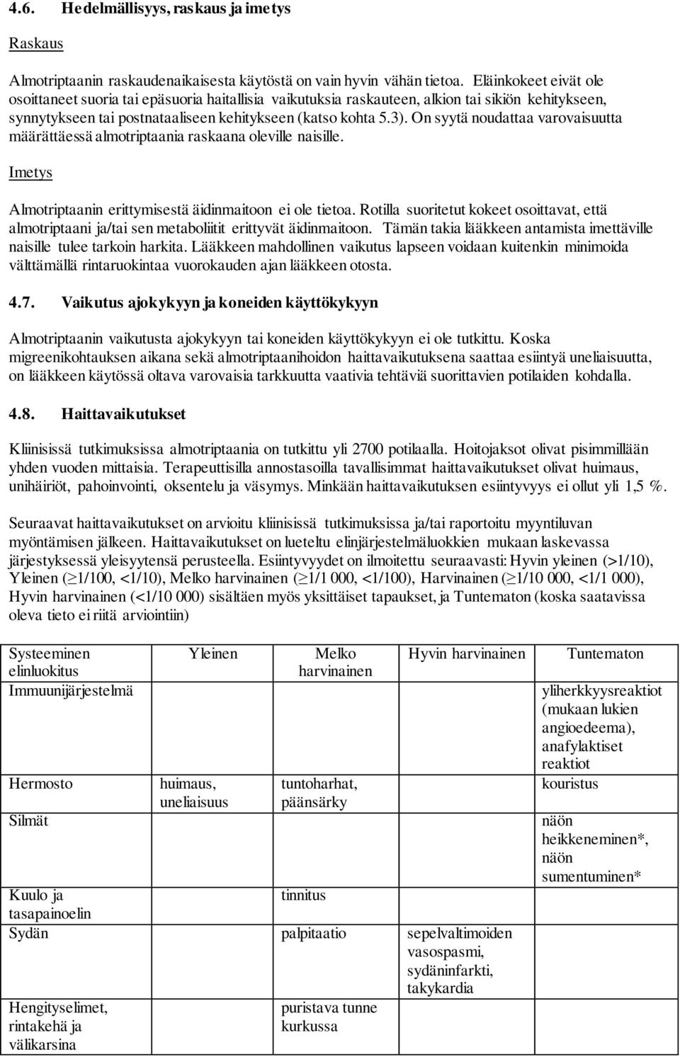 On syytä noudattaa varovaisuutta määrättäessä almotriptaania raskaana oleville naisille. Imetys Almotriptaanin erittymisestä äidinmaitoon ei ole tietoa.