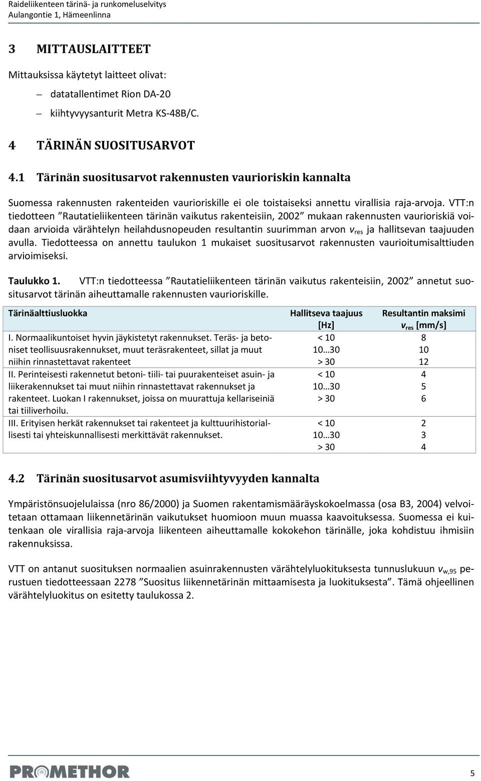 VTT:n tiedotteen Rautatieliikenteen tärinän vaikutus rakenteisiin, 2002 mukaan rakennusten vaurioriskiä voidaan arvioida värähtelyn heilahdusnopeuden resultantin suurimman arvon v res ja hallitsevan