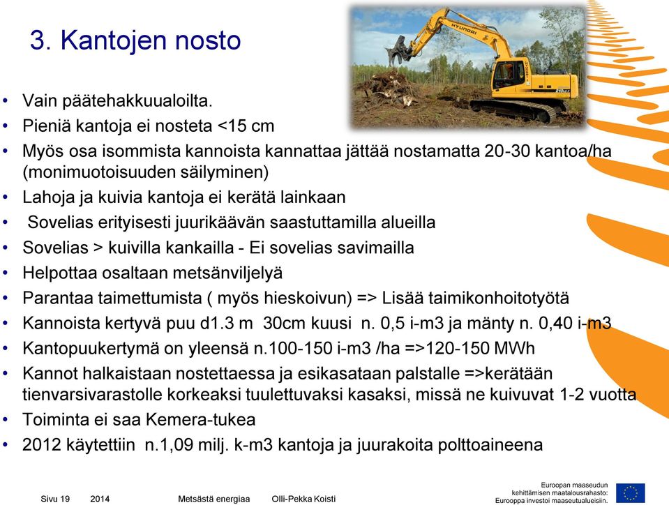 erityisesti juurikäävän saastuttamilla alueilla Sovelias > kuivilla kankailla - Ei sovelias savimailla Helpottaa osaltaan metsänviljelyä Parantaa taimettumista ( myös hieskoivun) => Lisää