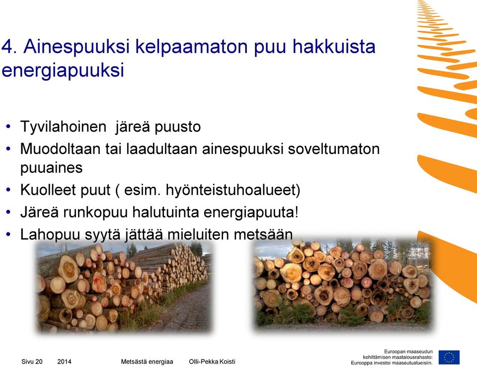 puut ( esim. hyönteistuhoalueet) Järeä runkopuu halutuinta energiapuuta!